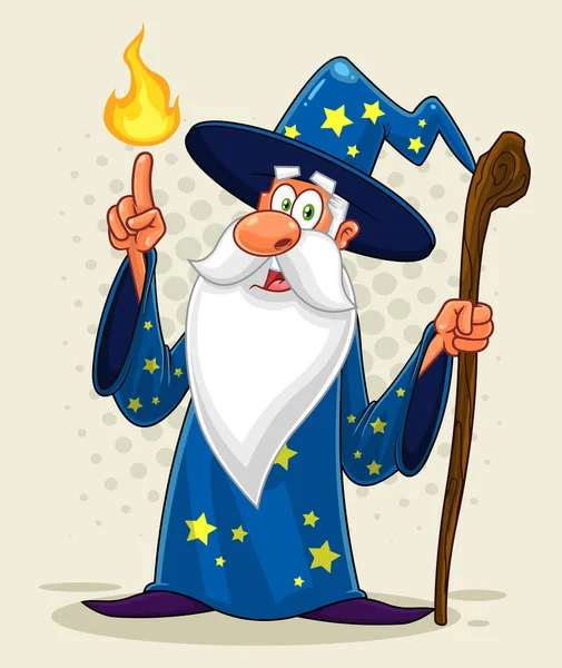 Old Wizard Cartoon Character Cane Making Magic Vector Illustration Background — Stock Vector