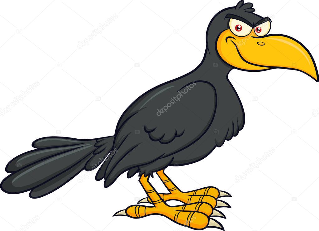Smiling Crow Bird Cartoon Character. Raster Illustration Isolated On White Background