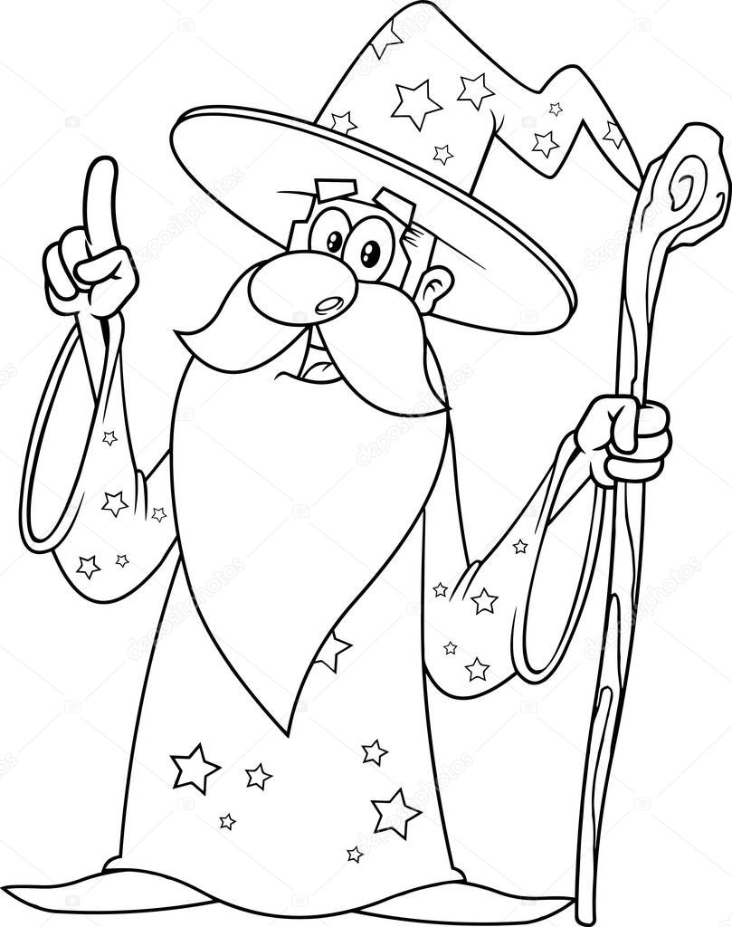 Outlined Old Wizard Cartoon Character With A Cane Pointing. Vector Illustration Isolated On White Background