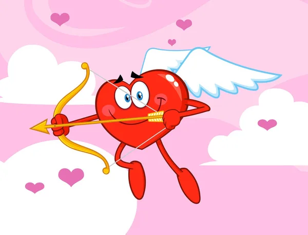 Happy Heart Cupido Stripfiguur Vliegen Met Boog Pijl Vector Illustratie — Stockvector