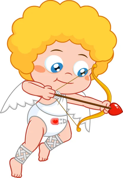 Bambino Cupido Personaggio Dei Cartoni Animati Frecce Cuore Tiro Illustrazione — Vettoriale Stock