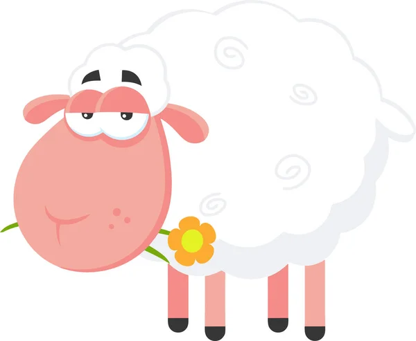 Λευκό Πρόβατο Χαρακτήρα Κινουμένων Σχεδίων Ένα Λουλούδι Διάνυσμα Εικονογράφηση Επίπεδη — Διανυσματικό Αρχείο