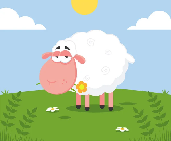Weiße Schafe Cartoon Charakter Mit Einer Blume Vektor Illustration Flachbild — Stockvektor