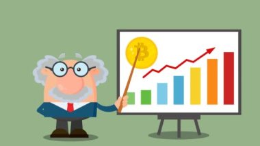 Bir çubuk grafiğiyle Bitcoin büyümesini tartışan Profesör ya da Bilim Adamı Çizgi Karakteri. 4K Animasyon Video Hareketi Arkaplan Grafikleri