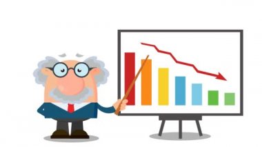 Profesör ya da Bilim Adamı Çizgi Film Karakteri Pointer Düşen Çizelgeyi sunuyor. 4K Animasyon Video Hareketi Grafikleri Arkaplansız