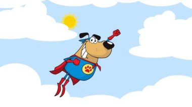 Süper Kahraman Köpek Çizgi Filmi Karakteri Gökyüzünde Uçuyor. 4K Animasyon Video Hareketi Grafikleri Arkaplansız