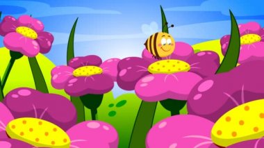 Çiçeklerde Uçan Şirin Arı Çizgi Filmi Karakteri. 4K Animasyon Video Hareketi Grafikleri Arkaplansız