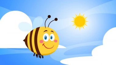 Gülümseyen Arı Çizgi Filmi Karakteri Uçuyor. 4K Animasyon Video Hareketi Arkaplan Grafikleri