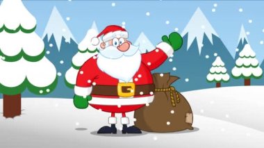 Noel Baba çizgi film karakteri el sallıyor. 4K Animasyon Video Hareketi Grafikleri Arkaplan Yok