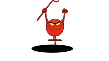 Kırmızı Şeytan Çizgi Filmi Emoji Karakteri elinde bir Pitchfork tutuyor. 4K Animasyon Video Hareketi Grafikleri Arkaplansız