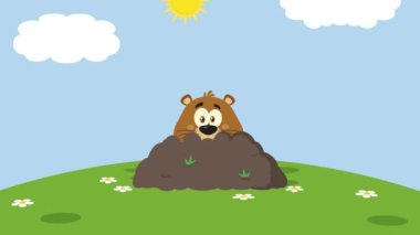 Dağ Sıçanı Günü 'nde şirin Marmot çizgi film maskotu el sallaması. 4K Animasyon Video Hareketi Arkaplan Grafikleri