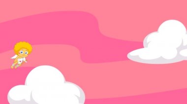 Sevimli Bebek Aşk Tanrısı Fiyonkla Uçuyor. Gökyüzü Arkaplanı ve Metni Olan 4K Animasyon Video Hareketi Grafikleri