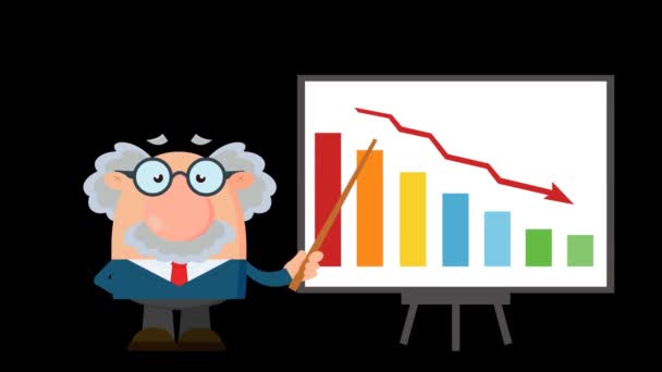 Professor Scientist Cartoon Character Pointer Presenting Falling Chart Animation Video — Stock Video