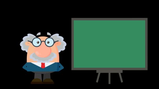 Professor Eller Forskare Cartoon Character Med Pointer Presenterar Styrelse Animation — Stockvideo