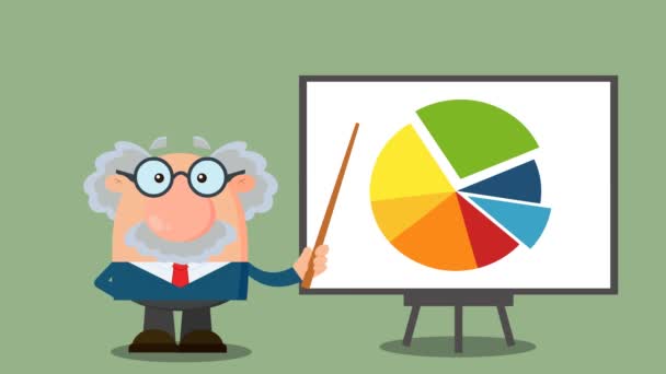 Professor Scientist Cartoon Character Pointing Progressive Pie Chart Board Inglés — Vídeos de Stock