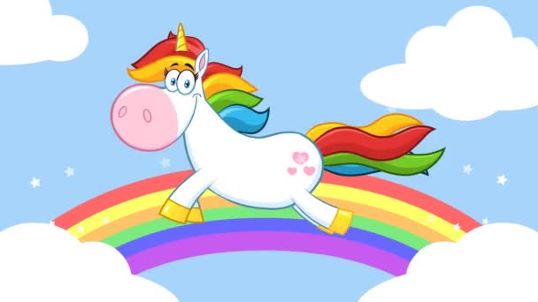 Smiling Magic Unicorn Cartoon Mascot Character Running Rainbow Clouds Dalam — Stok Video