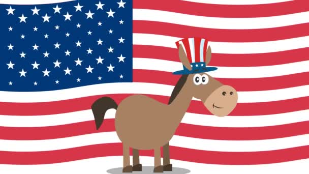 アメリカの旗の上に叔父サム ハットと民主党ロバ漫画のキャラクター 背景のない4Kアニメーションビデオモーショングラフィックス — ストック動画