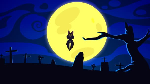 Happy Vampire Bat Postać Kreskówek Latający Cmentarzu Halloween Animacja Video — Wideo stockowe