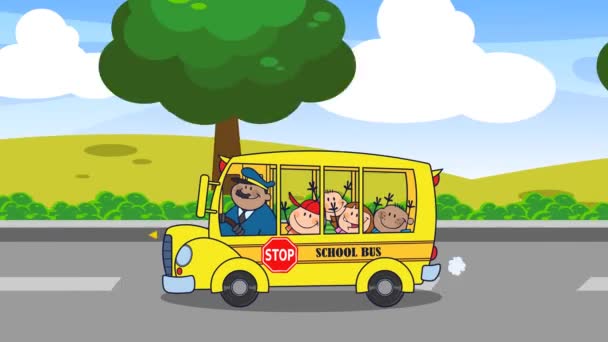 School Bus Met Gelukkige Kinderen Stripfiguren Gaan Naar School Animatie — Stockvideo