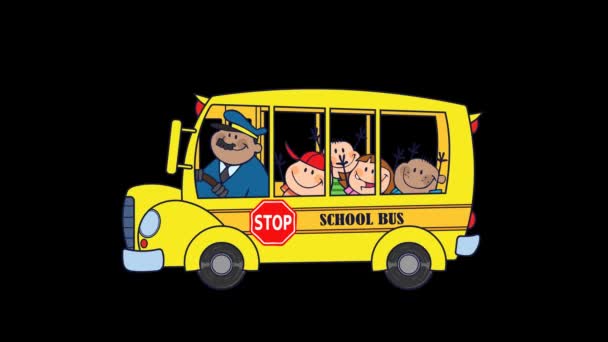 School Bus Met Gelukkige Kinderen Stripfiguren Animatie Video Beweging Graphics — Stockvideo