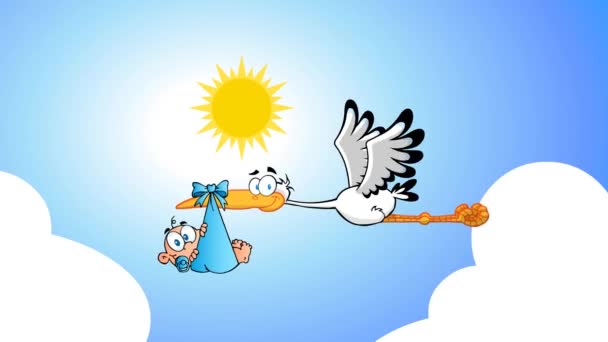 Stork Delivering Newborn Baby Boy Cartoon Characters Inglês Gráficos Movimento — Vídeo de Stock