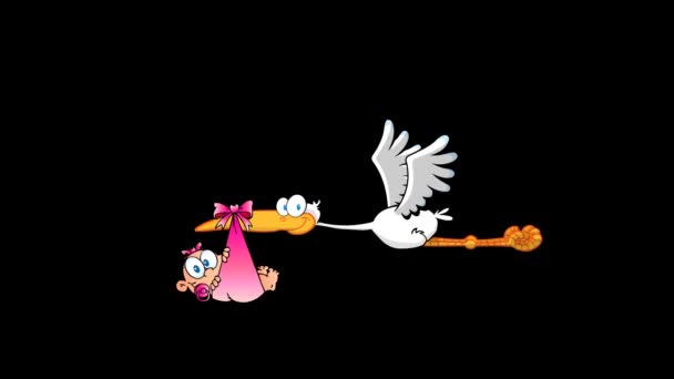 Stork Delivering Newborn Baby Girl Cartoon Characters Graphiques Mouvement Vidéo — Video