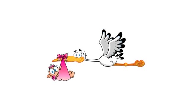 Stork Delivering Newborn Baby Girl Cartoon Characters Graphiques Mouvement Vidéo — Video