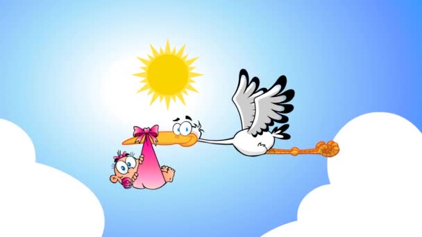 Storch Liefert Ein Neugeborenes Mädchen Zeichentrickfiguren Animation Video Motion Graphics — Stockvideo