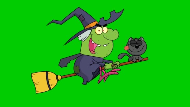 Bruja Halloween Gato Volando Palo Escoba Gráficos Movimiento Vídeo Animación — Vídeos de Stock
