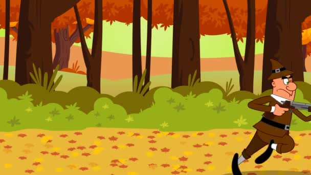 Pilgrim Honí krůtí kreslené postavičky. 4K animace Video Pohybová grafika s lesním pozadím