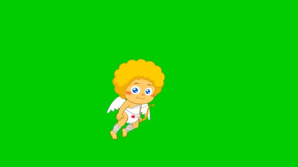 赤ちゃんキューピッド漫画のキャラクターハート矢印を撮影 緑の画面で4Kアニメーションビデオモーショングラフィックスの背景 — ストック動画