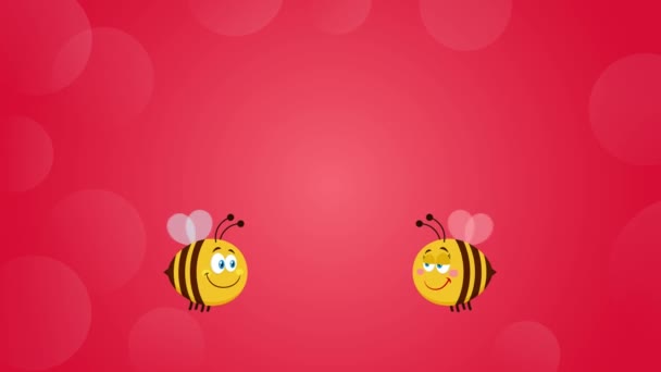蜜蜂卡通人物与花心和文字坠入爱河 4K带红色背景的动画视频运动图形 — 图库视频影像