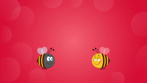 Bee Cartoon Characters Couple In Love With Flower Heart and Text. 4K animace Video Motion Graphics s červeným pozadím