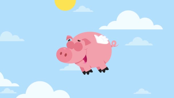 Pig Cartoon Character Flyger Himlen Animation Video Motion Graphics Med — Stockvideo