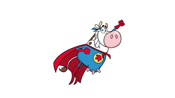 超级英雄奶牛卡通人物飞行 4K白色背景的动画视频运动图形 — 图库视频影像