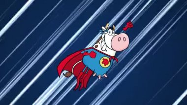 Süper Kahraman İnek Çizgi Film Karakteri Uçuyor. Hız Çizgileri Arkaplanı ile 4K Animasyon Video Hareketi Grafikleri