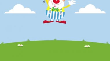 Balonlu ve doğumgünü pastalı komik palyaço çizgi karakteri. Manzaralı 4K Canlandırma Video Hareketi Grafikleri