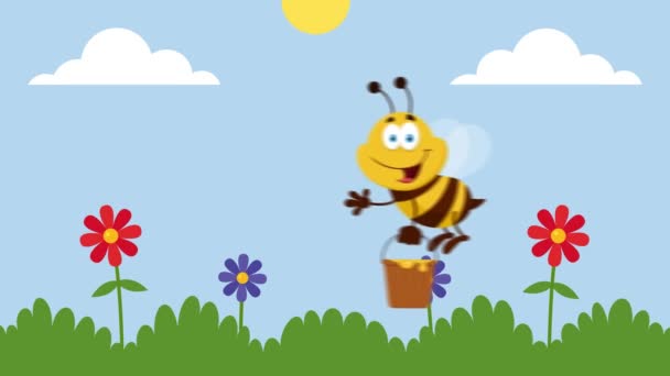 Bee Cartoon Character Flying Bucket Garden Animation Video Motion Graphics — стокове відео
