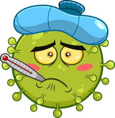 Ateşli Hasta Coronavirus (COVID-19) Buz Paketli Emoji Karakteri. Raster Resimleri Şeffaf Arkaplanda İzole Edildi