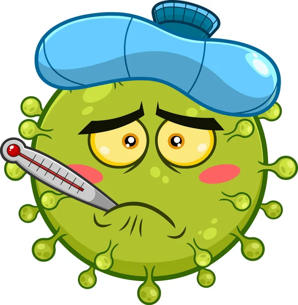 Feverish Sick Coronavirus Covid Cartoon Emoji Character Ice Pack Raster — Stock Vector