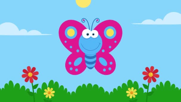 Błękitny Motyl Latający Postać Kreskówki Animacja Video Motion Graphics Tłem — Wideo stockowe