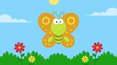 Çayırda uçan renkli bir kelebeğin canlandırması