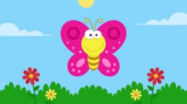 Çayırda uçan renkli bir kelebeğin canlandırması