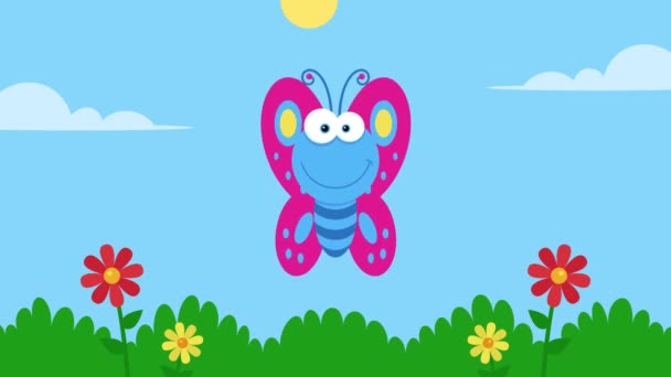 Анимация Цветной Бабочки Летящей Лугу — стоковое видео