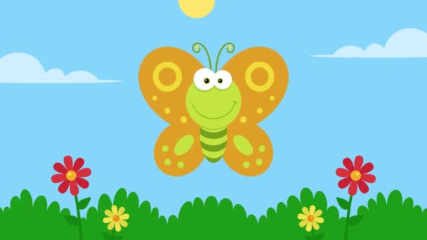 Animation Eines Bunten Schmetterlings Der Auf Einer Wiese Fliegt — Stockvideo