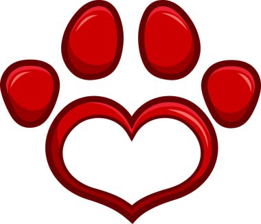 Beyaz arka planda kırmızı kalp şeklindeki köpek patisinin gösterimi