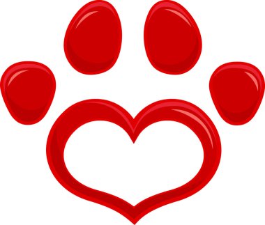 Beyaz arka planda kırmızı kalp şeklindeki köpek patisinin gösterimi