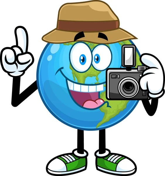 Planet Erde Zeichentrickfigur Mit Foto Kamera Vektor Illustration — Stockvektor