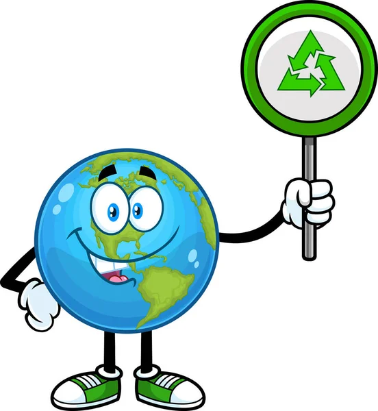 Planeet Aarde Cartoon Karakter Met Recycling Teken Vector Illustratie — Stockvector