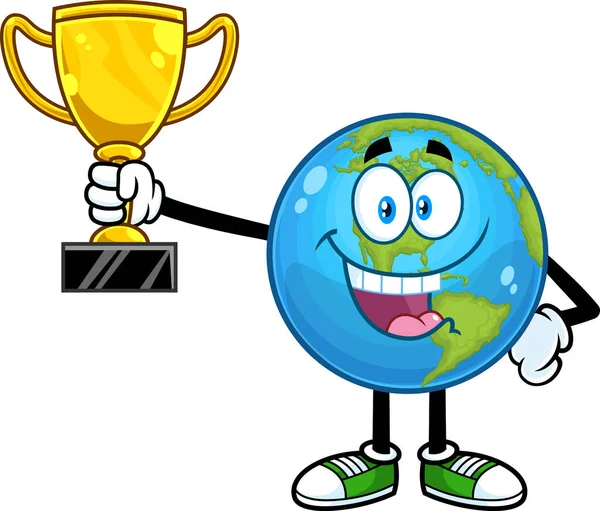 Planeet Aarde Cartoon Karakter Met Gouden Prijs Vector Illustratie — Stockvector